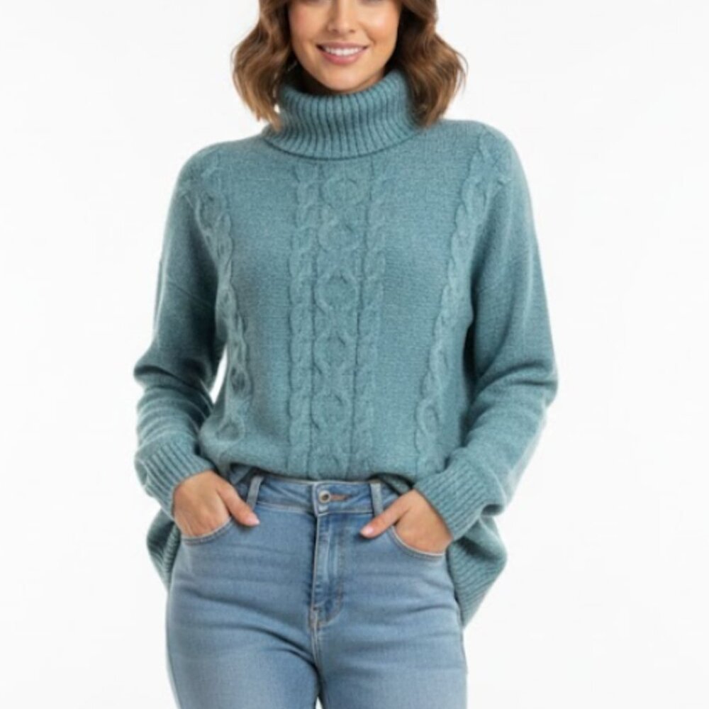 L.L. Bean Women's Sweater Cotton Cable Knit LS Turtleneck Marled Teal, sz Small